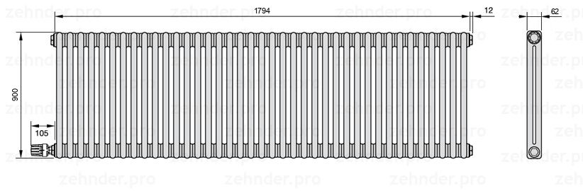 Схема (чертеж) Радиатор Zehnder Charleston 2090/39 №V003 Белый глянцевый RAL 9016